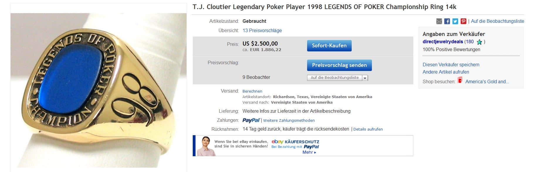 Fundstück! Legends of Poker Championship Ring (1998) von T.J. Cloutier bei Ebay!