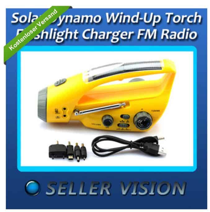 Mit Dynamo und Solar-Zelle! Ladegerät + Taschenlampe + Radio in einem Gadget!