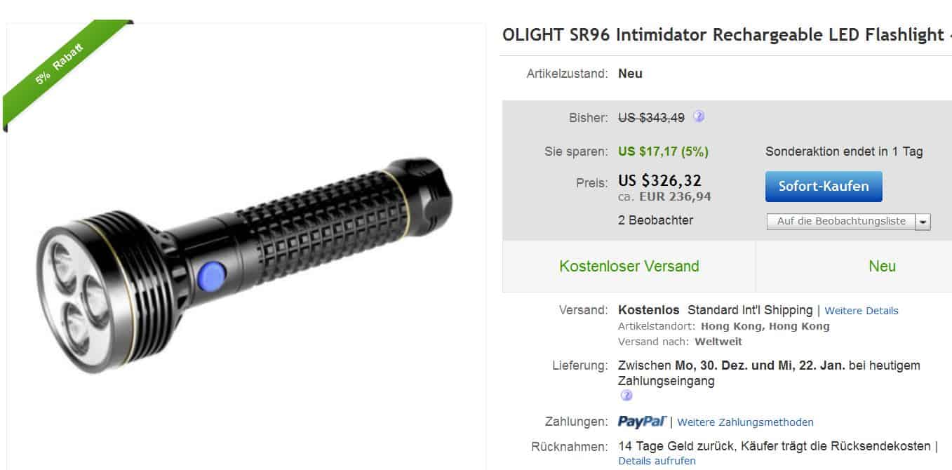 Olight SR96 Intimidator für „nur“ 236,94 Euro + Zoll! Das ist mal eine fette Taschenlampe mit 4800 Lumen!