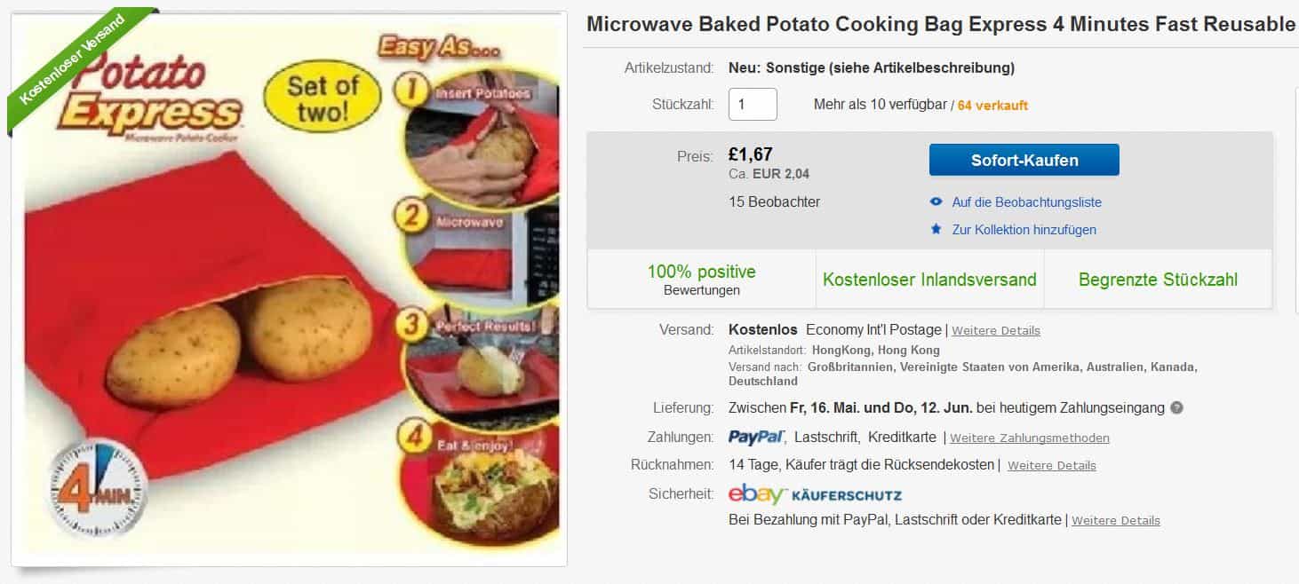 Potato Express? Kartoffeln in der Mikrowelle backen? Packt sie in den Sack für nur 1,04 Euro (gratis Versand)!