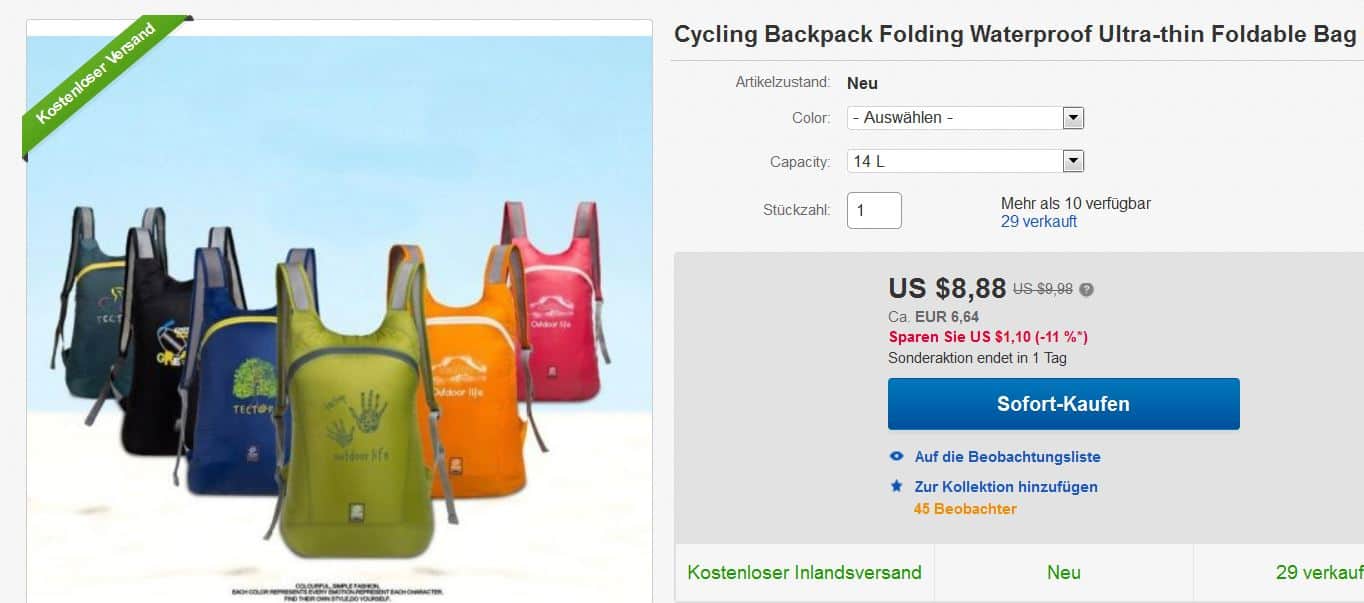 Fahrrad- und Sport-Rucksack mit nur 100 Gramm Eigengewicht + 14 Litern Stauraum ab 6,65 Euro (gratis Versand)!