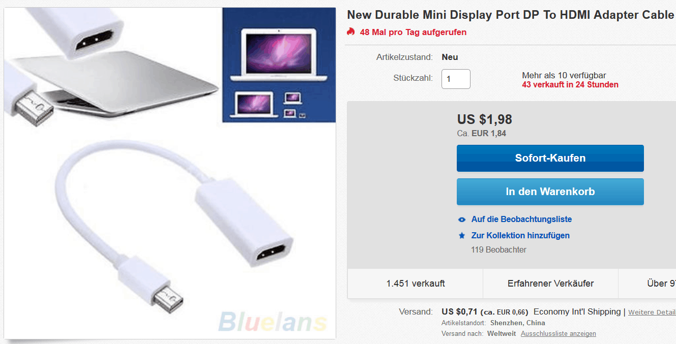 Mini Display Port auf HDMI Adapter? HDMI Anschluss fürs MacBook (Pro, Air) für nur 2,24 Euro inkl. Lieferkosten!