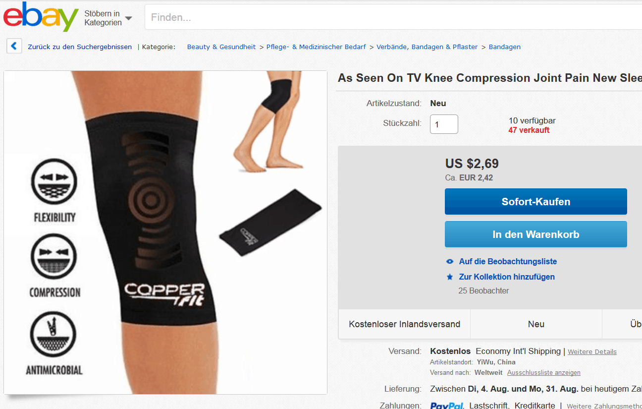 [Günstig] Copper Fit? Die Bandage gegen Schmerzen an Knie und Arm? Günstig aus China für 2,33 Euro!