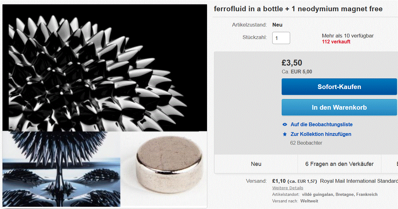 Ferrofluid günstig aus Frankreich! Die Flüssigkeit die auf Magneten reagiert ab 6,20 Euro inkl. Versand!!