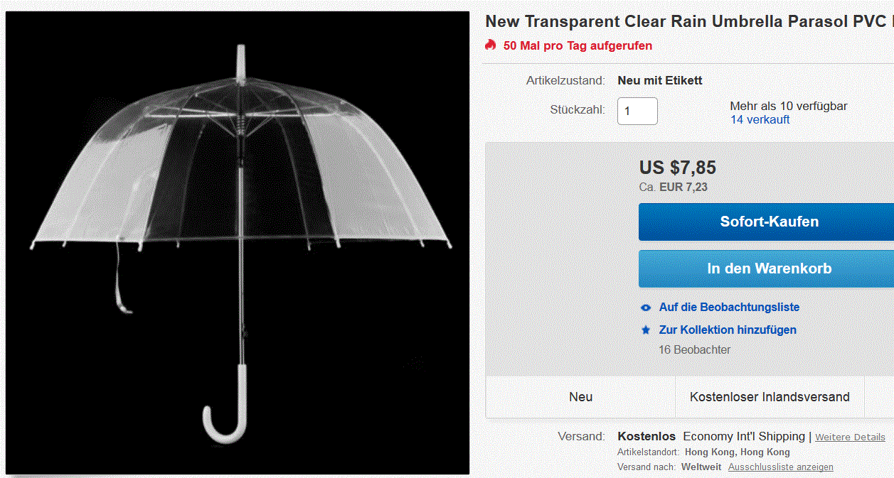 Der Regenschirm mit Durchblick! Transparenter Regenschirm für nur 7,20 Euro inkl. Versand!