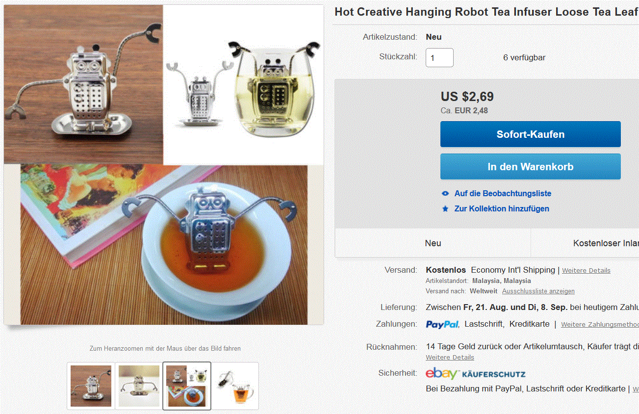 Der Tee-Ei-Roboter aus China ab nur 1,68 Euro (Aliexpress) oder 2,56 Euro (gratis Versand bei eBay)!