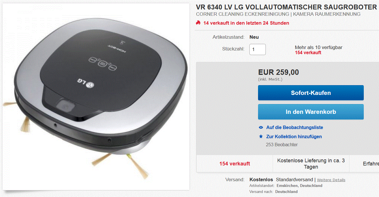 LG VR6340LV Roboterstaubsauger (Raumerkennung, Anti-Stoßkontrolle, 3 Stufen) für nur 259 Euro (gratis Versand aus Deutschland) bei eBay!