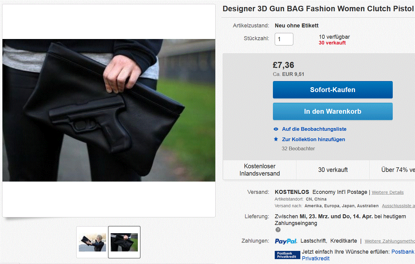 Die Tasche mit der 3D Pistole für 9,51 Euro (gratis Lieferung)!