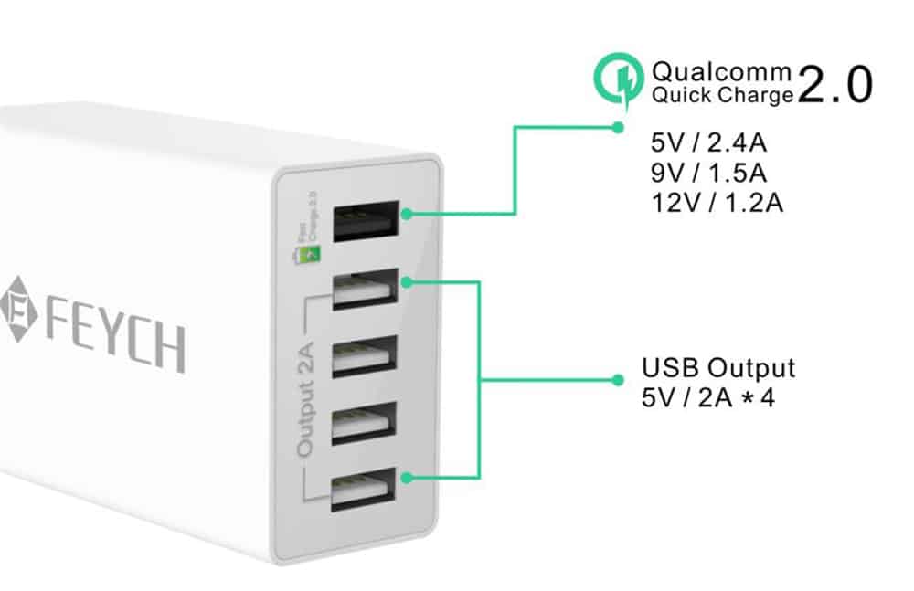 Feych USB-Ladegerät mit QC2.0! 50W, 10A, 5-Port für nur 15,89 Euro (gratis Versand)!