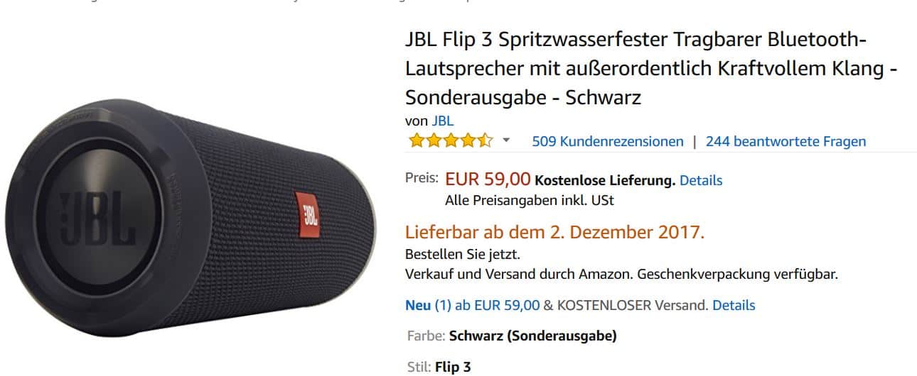 JBL Flip 3 Bluetooth Lautsprecher für nur 59 Euro inkl. Versand bei Amazon!