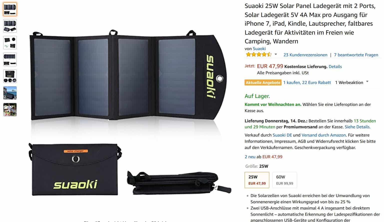 Deal!! SUAOKI 25 Watt Solar Ladegerät bei Amazon dank neuem Gutschein für nur 19,99 Euro + 3,99 Euro Versand!