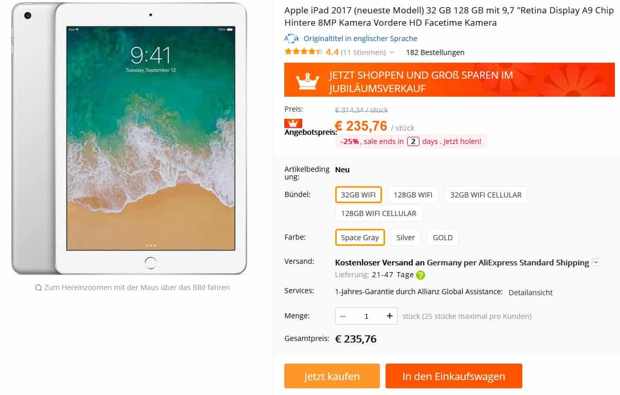 Apple iPad 32GB/Wifi in Grau für nur 235,76 Euro (kostenloser Versand) bei Aliexpress!