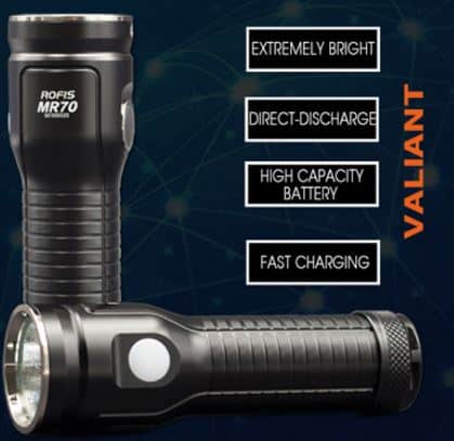ROFIS MR70 LED Taschenlampe mit zwei LED, Lademöglichkeit fürs Smartphone und rund 3500 Lumen!