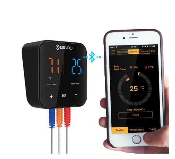 ** Bestpreis: 16,37 Euro! ** Digoo DG FT2303 Smart Bluetooth Funk-Grill-Thermometer mit 3 Kanälen, Touch Screen und Datenübertragung aufs Smartphone!