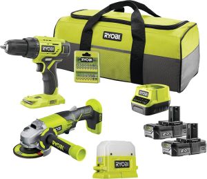 Ryobi ONE+ RCK183D-120S Kombo-Kit 8-tlg. mit Akku-Bohrschrauber, Akku-Winkelschleifer, Akku-Leuchte und 2x 2Ah Akku für 199,99€