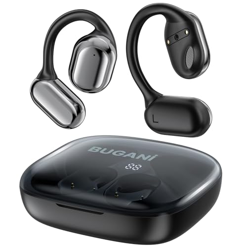 BUGANI Offene Bluetooth Kopfhörer Sport, Open Ear Kopfhörer Kabellos mit Bügel BT5.4, 30 Stunden Akkulaufzeit, mit großem 16,2mm Treiber, Ohrhörer Bluetooth mit Ohrhaken für iOS/Android Schwarz