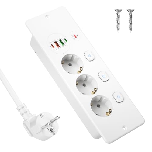 Tischplatte Steckdose mit USB C PD 20W, 3Fach Einbausteckdose einzeln Schaltbar, Tischsteckdose mit USB C, Möbelsteckdose mit Überspannungsschutz für küche Tischplatte, Office, 2M Kabel, Weiß Tischplatte Steckdose mit USB C PD 20W