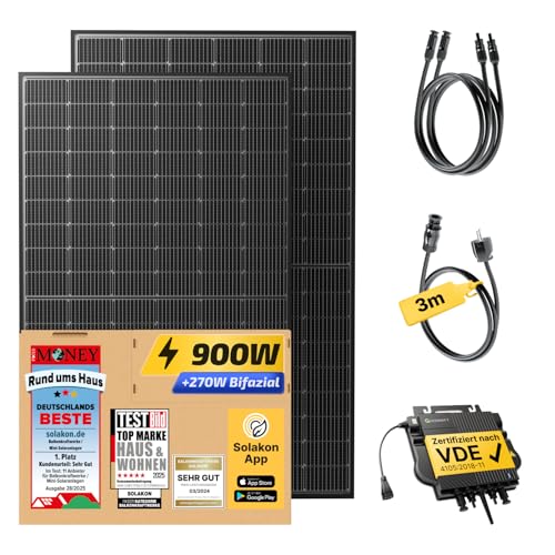 Solakon® 900W Balkonkraftwerk - Balkonkraftwerk 800W komplett Steckdose - neuester 800 Watt Wechselrichter - Solaranlage Komplettset - 450W bifaziale Solarmodule inkl. Zubehör - 3m Kabel Solakon® 900W Balkonkraftwerk